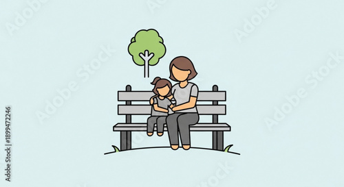Mother comforting child on park bench under tree emotive family moment heartwarming scene