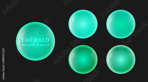 Set of magic balls emerald color objects on a black background