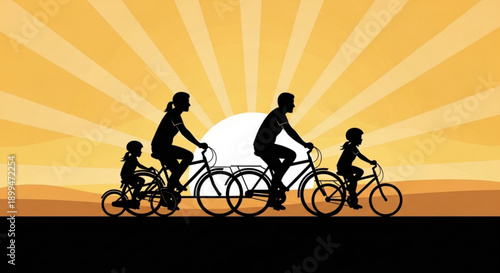 Family riding bicycles together at sunset with silhouettes against vibrant orange sky