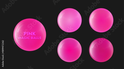 Set of magic balls pink color objects on a black background