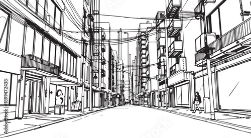 City landscape. Different buildings on street, outline cityscape hand sketch, flat houses. Hand drawn vector illustration