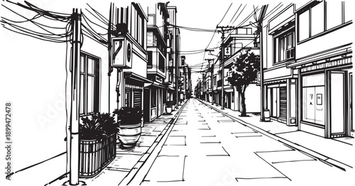 City landscape. Different buildings on street, outline cityscape hand sketch, flat houses. Hand drawn vector illustration