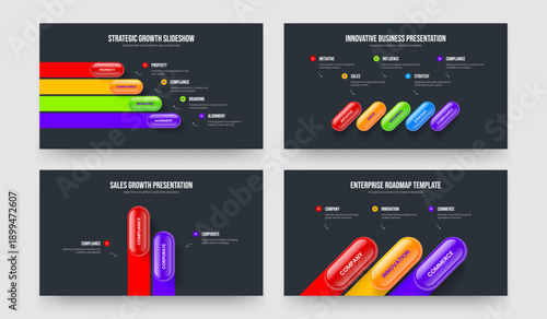 Project Showcase Four Five Two Three Step Diagram Slide Template Vector Illustration Set. Business Planning 4 5 2 3 Element Infographic Presentation Layout Bundle.