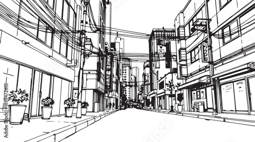 City landscape. Different buildings on street, outline cityscape hand sketch, flat houses. Hand drawn vector illustration
