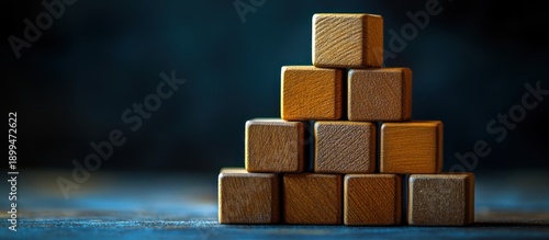 Wooden blocks pyramid, dark background, growth concept