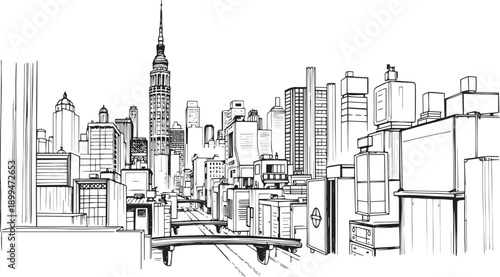 City landscape. Different buildings on street, outline cityscape hand sketch, flat houses. Hand drawn vector illustration