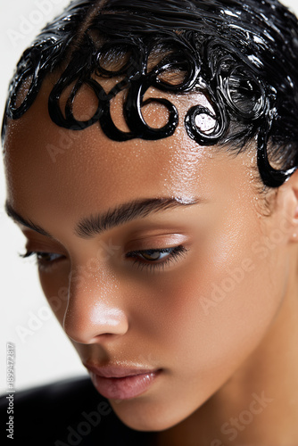 A close-up beauty portrait of a woman with glowing skin and a modern hairstyle featuring glossy, sculpted finger waves along the hairline for a sleek, wet look