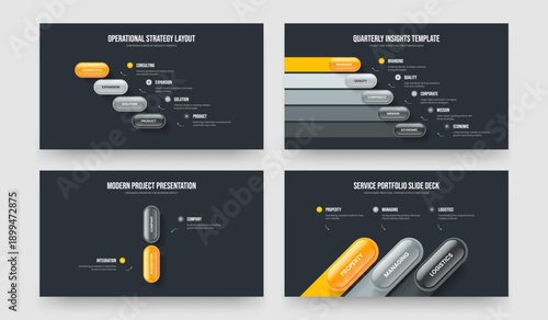 Business Campaign Four Five Two Three Step Infographic Slideshow Design Vector Illustration Set. Enterprise Insight 4 5 2 3 Element Diagram Slide Layout Bundle.