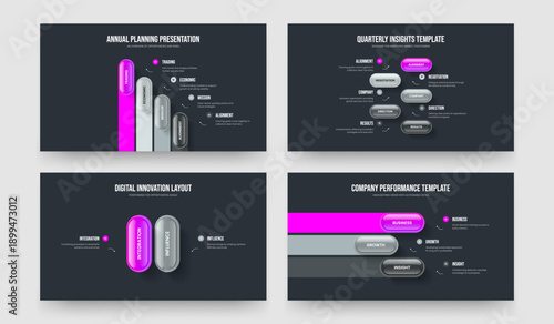Advertising Showcase Four Five Two Three Option Diagram Frame Design Vector Illustration Set. Modern Performance 4 5 2 3 Step Infographic Slideshow Template Collection.