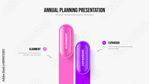 Market Briefing Frame Design Vector Illustration. Advertising Portfolio 2 Option Infographic Slide Layout. Financial Report Two Step Diagram Slideshow Template.