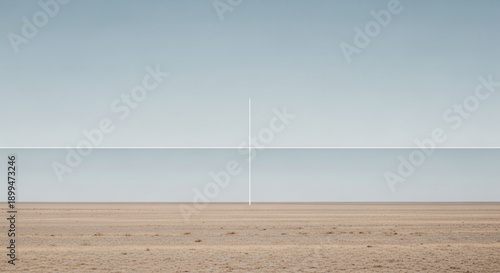 Minimalist landscape with white cross on sandy beach and calm sea under clear blue sky