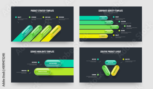 Financial Overview 4 5 2 3 Step Diagram Frame Design Set. Corporate Showcase Four Five Two Three Option Infographic Slide Template Vector Illustration Collection.