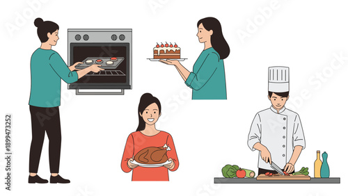 Diversified collection of people engaged in culinary activities like baking cookies, decorating cakes, and preparing healthy meals.