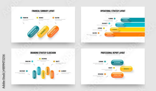 Financial Profile Three Four Five Step Diagram Slideshow Layout Vector Illustration Bundle. Modern Strategy 3 4 5 Option Infographic Presentation Template Set.
