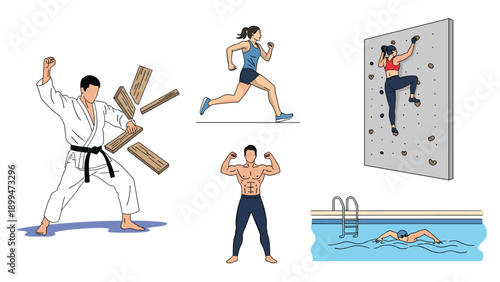 Set of athletes demonstrating different physical activities including karate, running, weightlifting, rock climbing, and swimming.