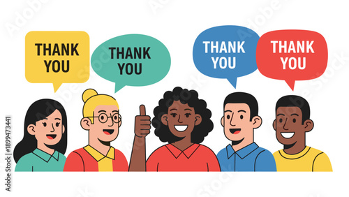 Group of diverse people smiling and expressing gratitude with speech bubbles saying thank you while one person gives a thumbs up.