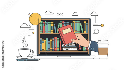 Hand reaching out from a laptop screen to take a book from a virtual library shelf surrounded by coffee and stationery.