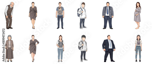 Simple flat vector group scene showing multigenerational, body‑diverse characters. Great for health, education and community storytelling projects.