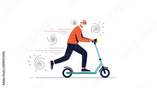 Energetic senior man with white hair riding a kick scooter at high speed with motion lines indicating fast movement and fun.