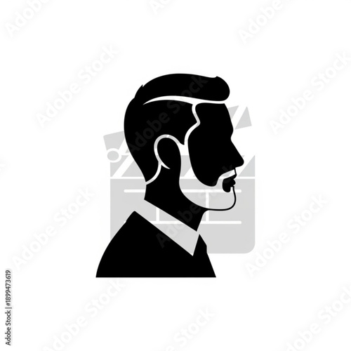 A minimalist black silhouette of a man's head and shoulders in profile, facing right, with a subtle gray watermark background