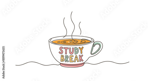 Steaming cup with study break text on side coffee break concept