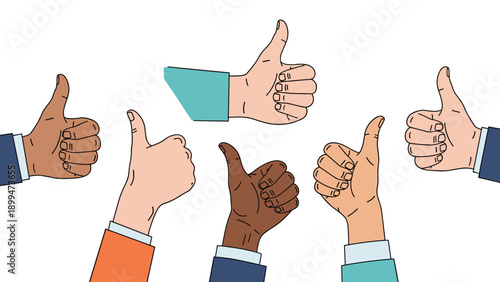 Multiple hands of different skin tones raised high with thumbs up gestures symbolizing collective approval, success, and agreement.