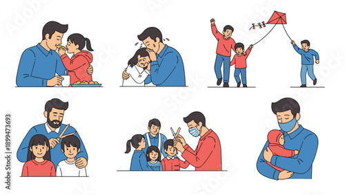 Montage of a father and children sharing special moments like eating together, crying, playing with a kite, and hugging.
