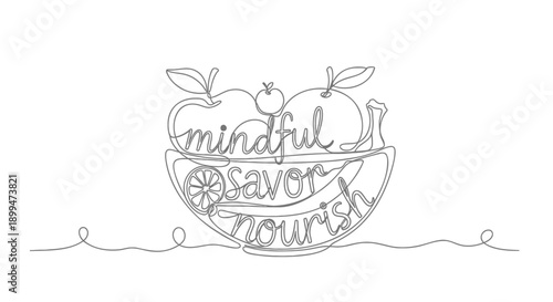 Mindful eating concept with fruit and bowl illustration for healthy lifestyle