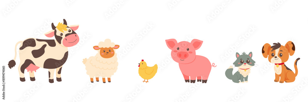 Fototapeta premium Cute farm and domestic animals set with cow sheep pig chicken cat dog vector illustration.