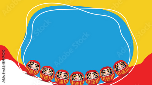 Circular frame decorated with red daruma dolls and abstract blue and yellow shapes for traditional japanese holiday messages.