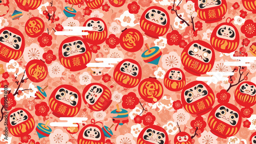 Seamless japanese pattern with red daruma dolls, spinning tops, and plum blossoms on a coral pink background for new year.