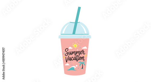 Pink summer vacation cup with straw and tropical design elements