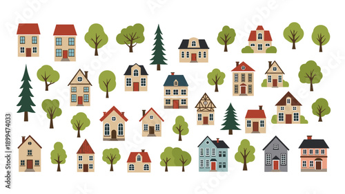 Large set of various small house icons and trees depicting a peaceful neighborhood or residential village in a simple style.