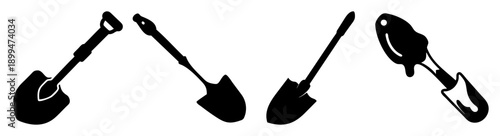 Set of black gardening tools spade shovel rake isolated on white background flat design vector illustration
