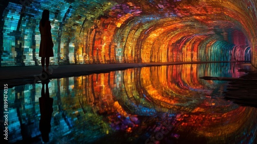 Bright colors shine on water in a tunnel at night near the city