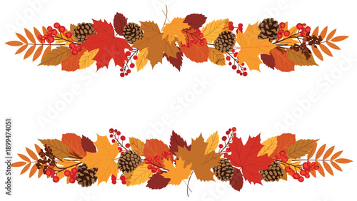 Horizontal border frame made of various autumn leaves, pine cones, and red berries for fall seasonal decorations and cards.