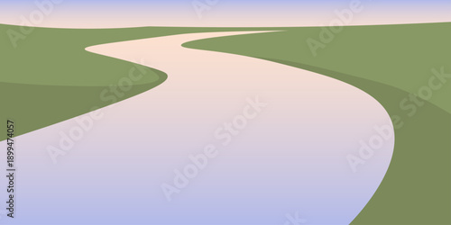 River aerial silhouette illustration. Wide river flowing diagonally with elongated tonal streaks following the current. Flat land planes on both sides with soft riverbank contrast.