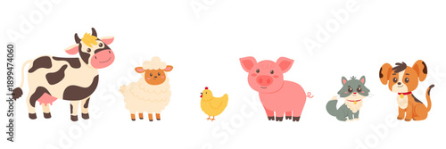 Cute farm and domestic animals set with cow sheep pig chicken cat dog vector illustration.