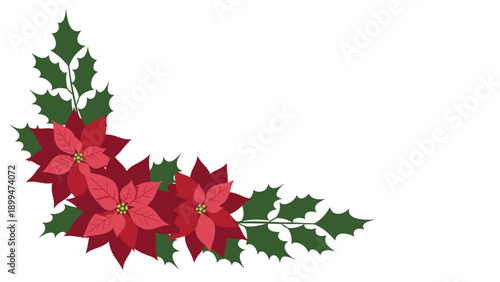 Corner frame decoration featuring vibrant red poinsettia flowers and green holly leaves for christmas and winter holidays.