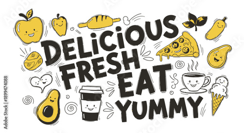 Colorful food illustrations with text delicious fresh eat yummy