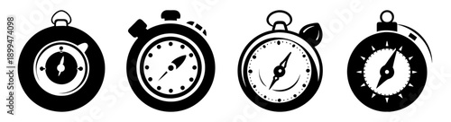 Set of four vintage alarm clocks isolated on white background minimalist design time management concept