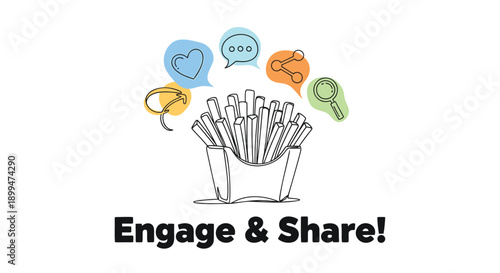 French fries with social media icons and text engage share on white background