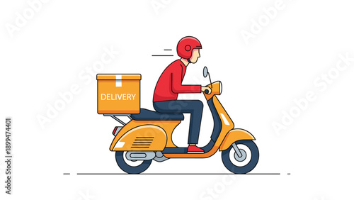Delivery person wearing a red helmet and jacket riding an orange scooter with a delivery box on the back for fast service.