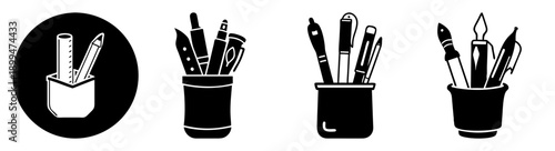 Set of growing pencils in black pots isolated on white background for education, creativity, and business growth concept