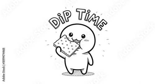 Cute cartoon character eating pizza slice with dip time text