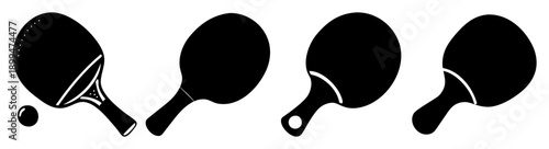 Set of four black badminton rackets with shuttlecock isolated on white background for sports and fitness