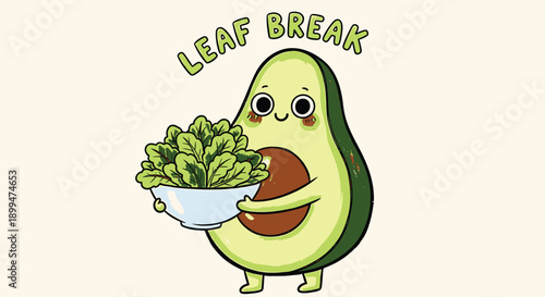 Cartoon avocado character holding leafy greens in a bowl smiling happily
