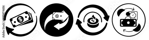 Hand drawn money growth cycle icons set with dollar sign, eye, target, and camera for business success and financial vision