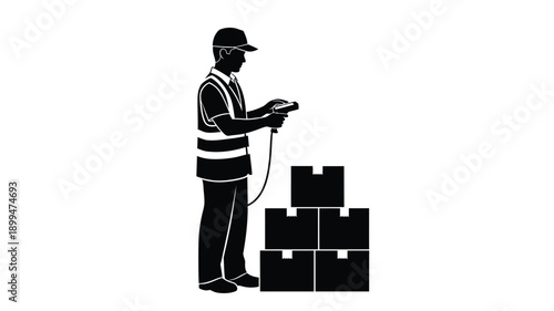 construction worker using handheld device near stacked boxes a striking silhouette