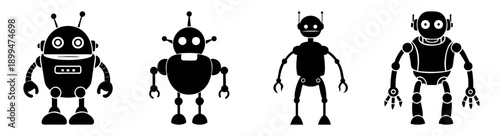 Set of four black and white robot icons in different poses isolated on transparent background vector illustration